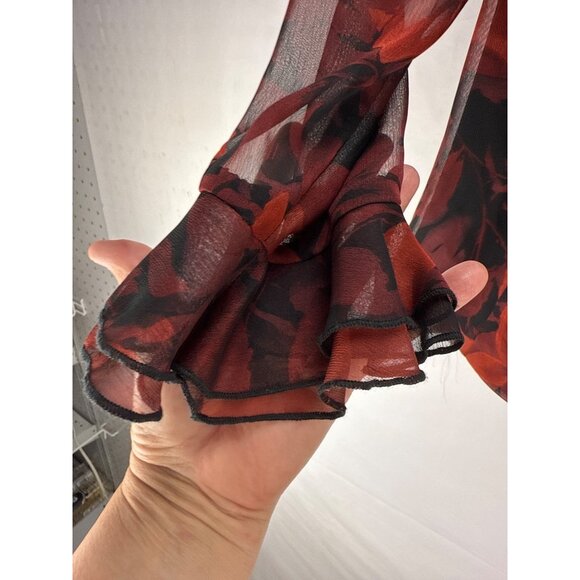 Dressbarn Red Floral Chiffon Ruffle Blouse Sz 6 Sheer Lightweight Whimsygoth Top - Picture 4 of 9